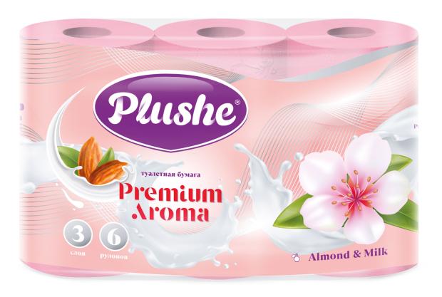 Туалетная бумага Plushe Premium Aroma Almond & Milk 3 слоя, 6 рулонов
