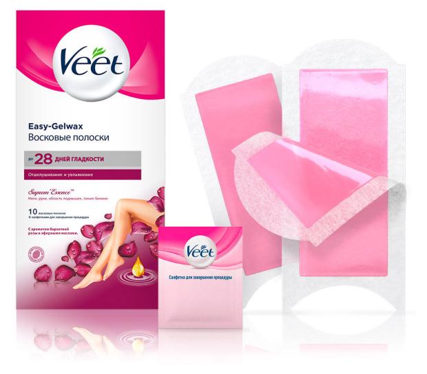 Восковые полоски Veet с ароматом бархатной розы и эфирными маслами, 10 шт