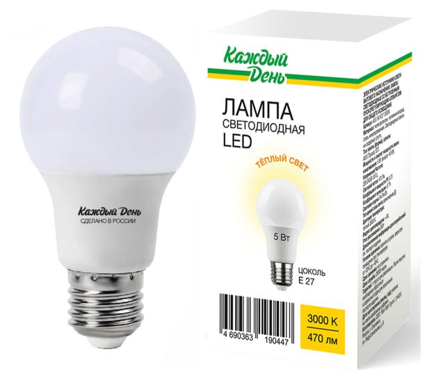 Лампа Каждый день светодиодная LED стандартная теплый свет 5W Е27 49₽