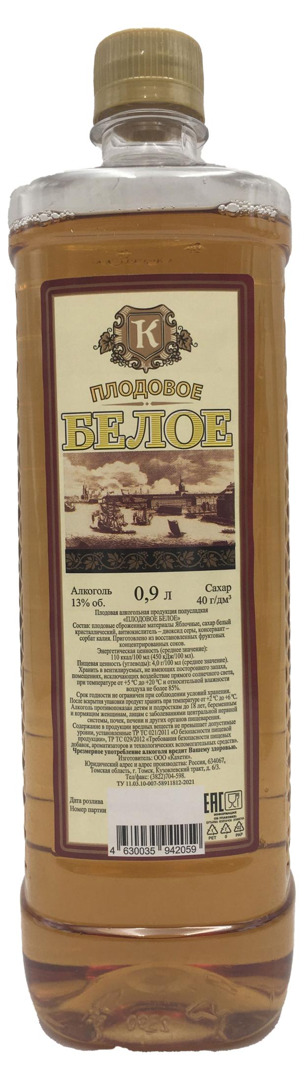 Плодовый алкогольный продукт Плодовое Белое полусладкий Россия, 0,9 л