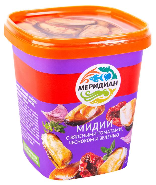 

Мидии в масле Меридиан с вялеными томатами чесноком и зеленью, 415 г