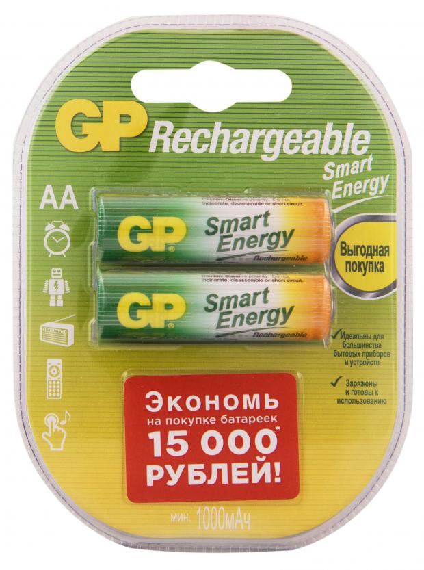 цена Батарея аккумуляторная GP Rechargeable 1000 мАч типоразмер AA, 2 шт