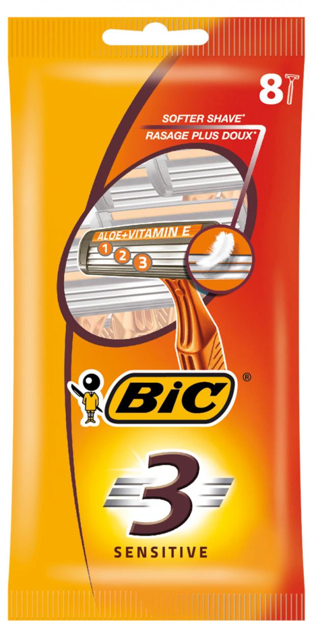 Бритва мужская одноразовая, BIC 3 Sensitive, 8 шт