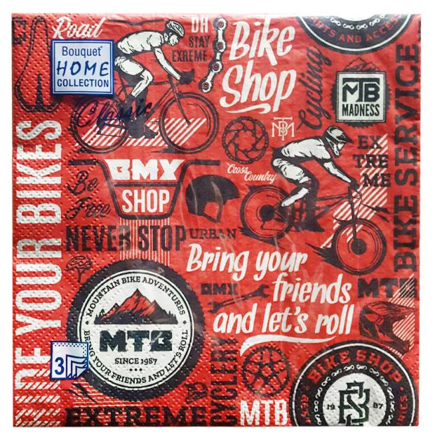 

Салфетки бумажные одноразовые трехслойные Ride your bikes ЗЗхЗЗ см, 20 шт