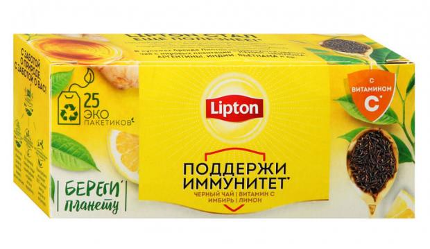 

Чай черный Lipton с витамином С имбирем и ароматом лимона, 25x1,5 г
