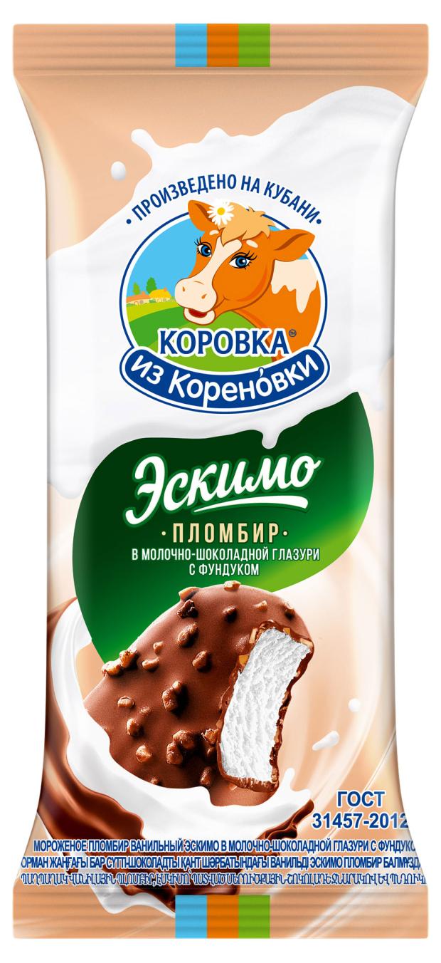 Мороженое пломбир Коровка из Кореновки в молочно-шоколадной глазури с фундуком эскимо 15,0%, 70 г