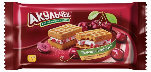 Вафли мягкие Акульчев Венские со взбитыми сливками и вишней, 112 г