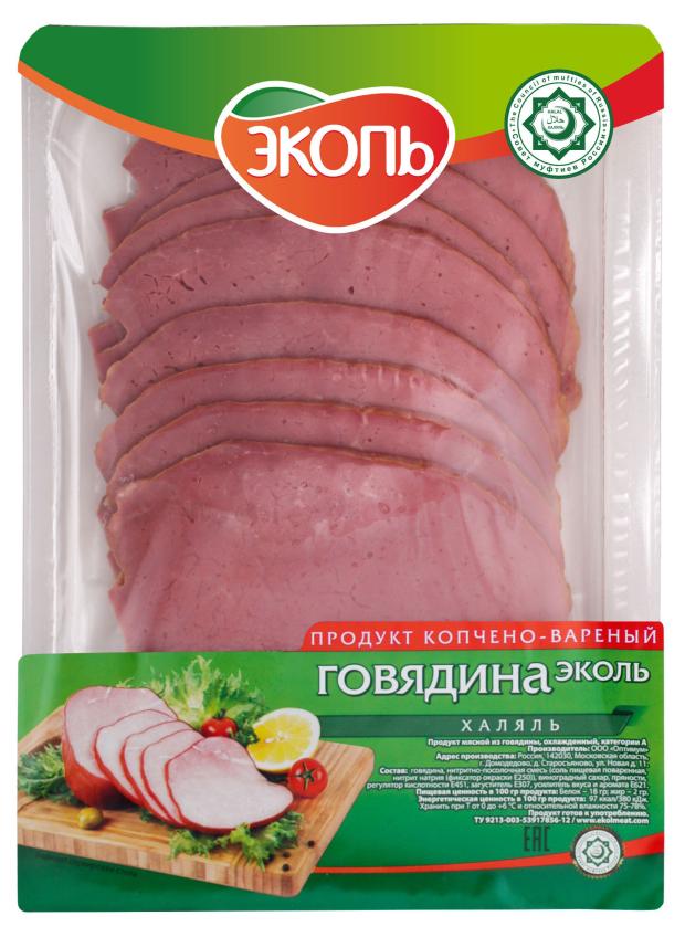 

Говядина варено-копченая ЭКОЛЬ Халяль нарезка (0,1-0,3 кг), 1 упаковка ~ 0,2 кг