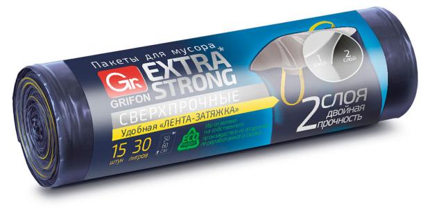

Пакеты для мусора Grifon Extra Strong с завязками двухслойные, 15х30 л
