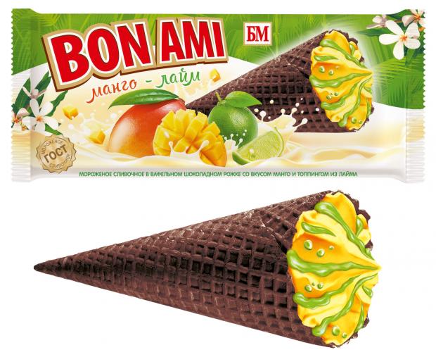 Мороженое BIN AMI сливочное со вкусом манго с топингом лайм в вафельном сахарном рожке с шоколадной глазурью БЗМЖ, 70 г
