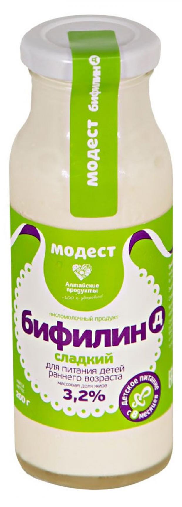 Продукт кисломолочный Модест Бифилин сладкий 3,2% БЗМЖ, 200 мл