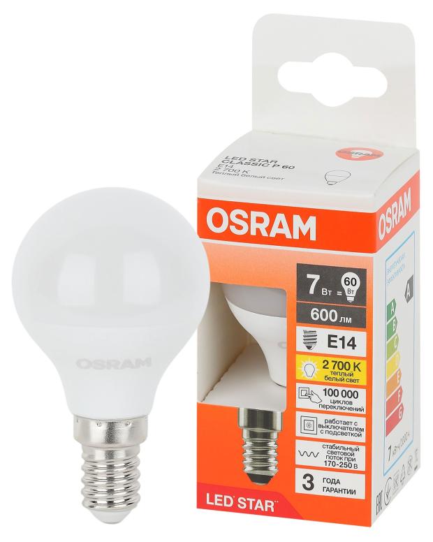Лампа светодиодная Osram LED E14 7W шар теплый белый свет