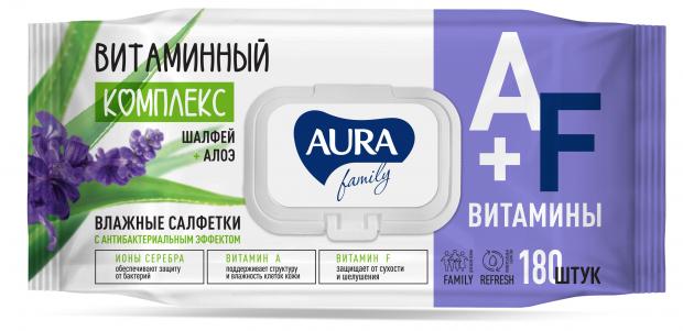 Влажные салфетки с антибактериальным эффектом Aura Family big-pack с крышкой, 180 шт