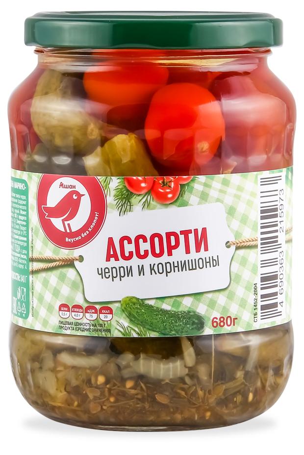 Ассорти овощное АШАН Красная птица черри и корнишоны, 680 г