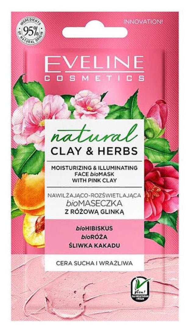 Маска для лица Eveline Cosmetics Natural clay & Herbs Розовая глина придающая сияние, 8 мл
