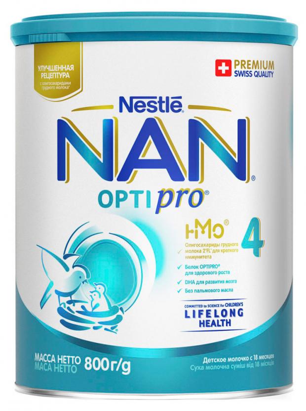 Смесь сухая молочная NAN 4 Optipro молочко для роста иммунитета и развития мозга с 18 мес. БЗМЖ, 800 г