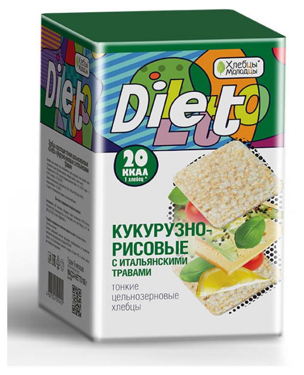 

Хлебцы Хлебцы Молодцы хрустящие тонкие цельнозерновые Diletto кукурузно рисовые с итальянскими травами, 100 г