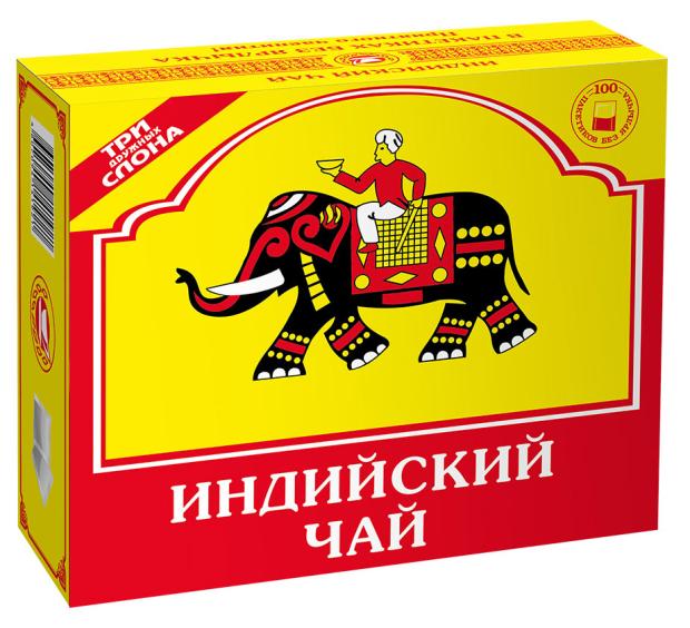 

Чай черный Три Дружных Слона индийский байховый листовой мелкий, 100х1,8 г