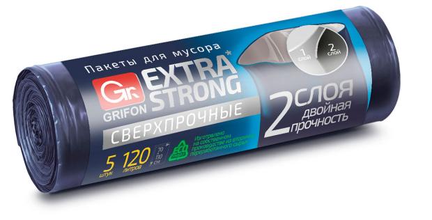 

Пакеты для мусора Grifon Extra Strong с завязками двухслойные, 5х120 л