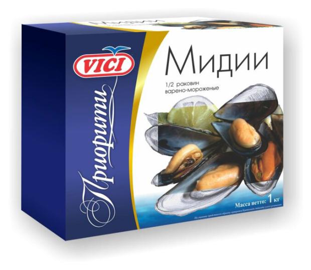 

Мидии VICI Приорити 1/2 раковин варено-мороженые, 1 кг
