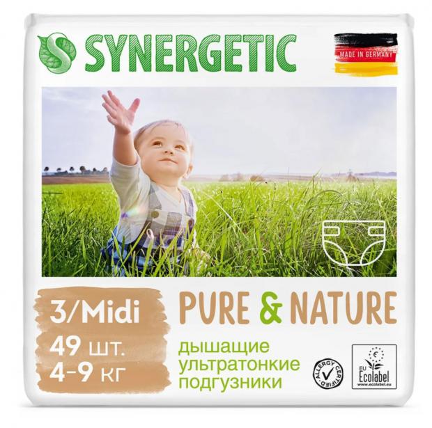 

Подгузники дышащие ультратонкие Synergetic Pure&Nature 3 Midi (4-9 кг), 49 шт