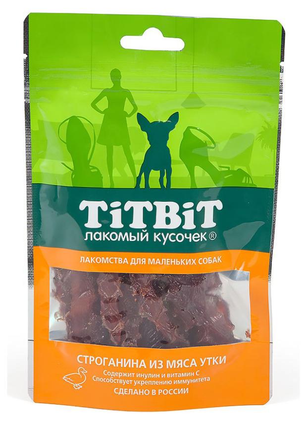 

Лакомство для маленьких собак TITBIT Строганина из мяса утки, 50 г