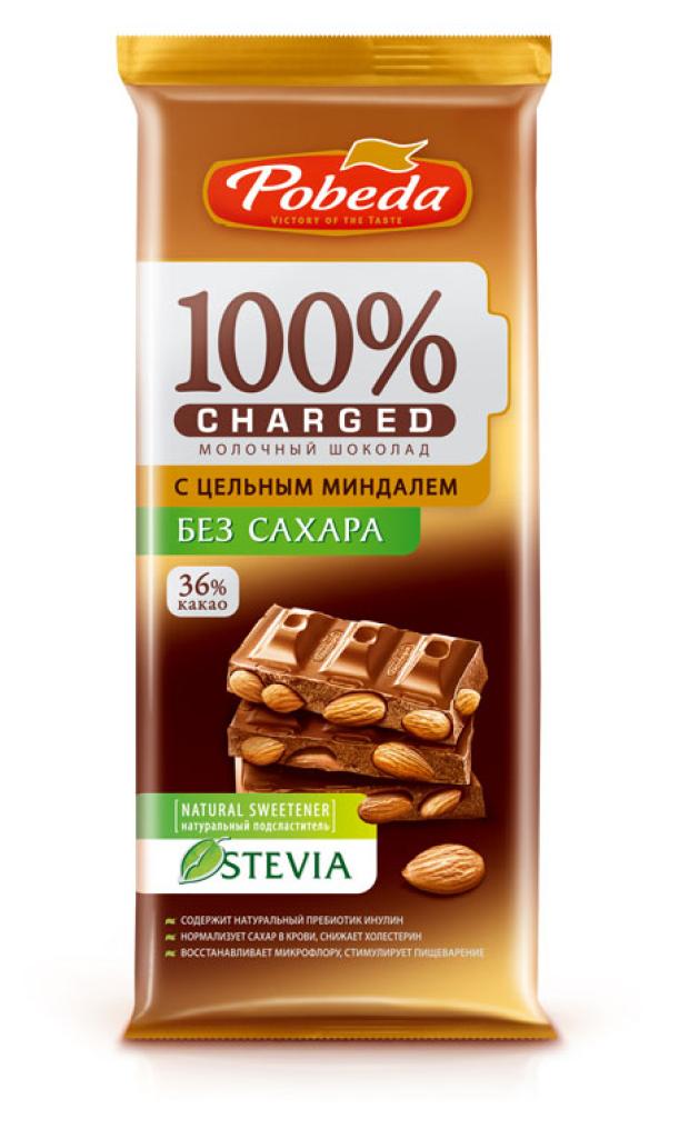 

Шоколад молочный Победа вкуса без добавления сахара с цельным миндалем Чаржед, 90 г
