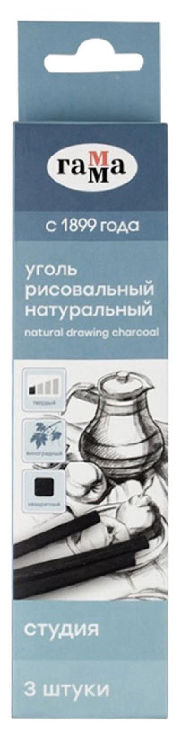 Уголь натуральный Гамма Студия виноградный твердый квадратный, 3 шт