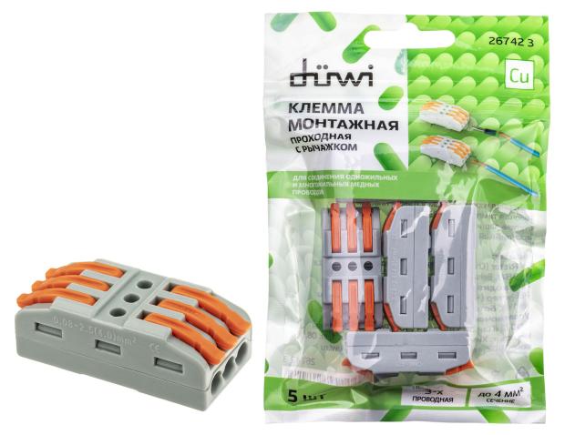 

Клеммы проходные монтажные duwi с рычажком аналог WAGO СМК-423 4мм2, 5 шт