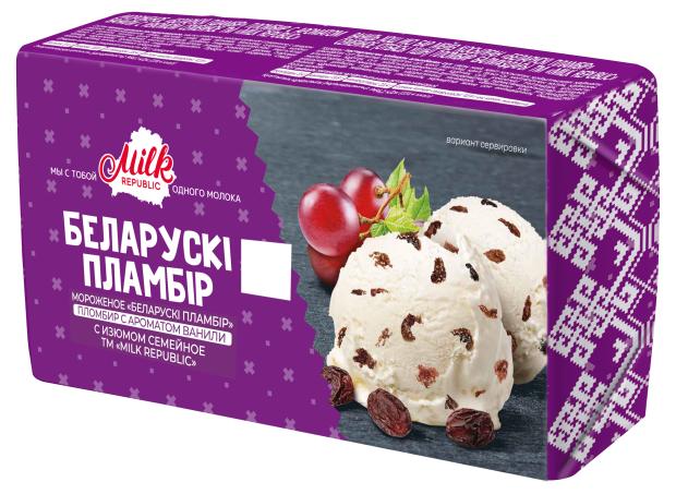 Мороженое пломбир Milk Republic Беларускi пламбiр ароматом ванили с изюмом семейное в брикете без вафель 15% БЗМЖ, 250 г