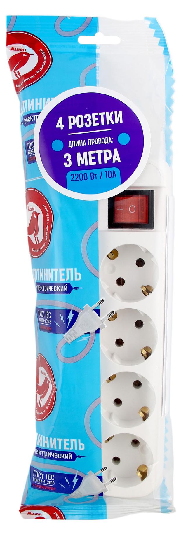 Удлинитель АШАН Красная птица с кнопкой 4 гнезда с заземлением 10А 3 м 349₽