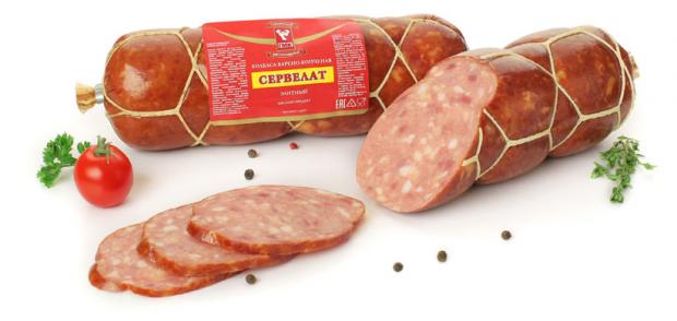 Колбаса варено-копченая Губкинский мясокомбинат Сервелат Элитный (0,8-1 кг), 1 упаковка ~ 1 кг