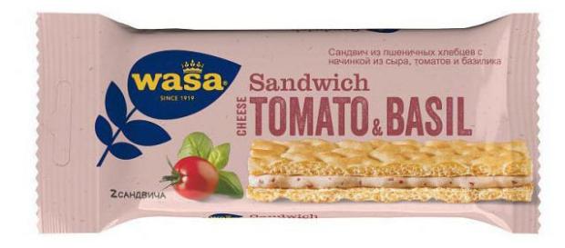 Сандвич из пшеничных хлебцев WASA Cheese, Tomato & Basil с начинкой из натурального сыра, томатов и базилика, 40 г
