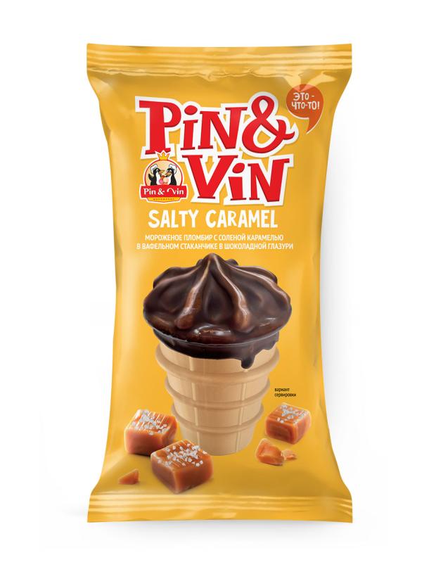 Мороженое пломбир Pin&Vin Salty Caramel с соленой карамелью в шоколадной глазури в вафельном стаканчике, 80 г