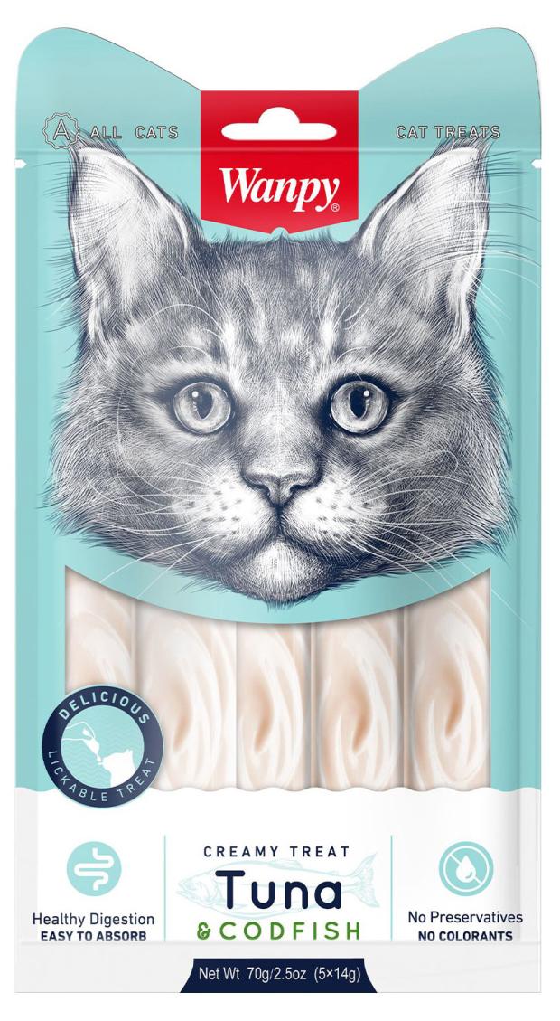 

Лакомство для кошек Wanpy Cat нежное пюре из тунца и трески, 70 г