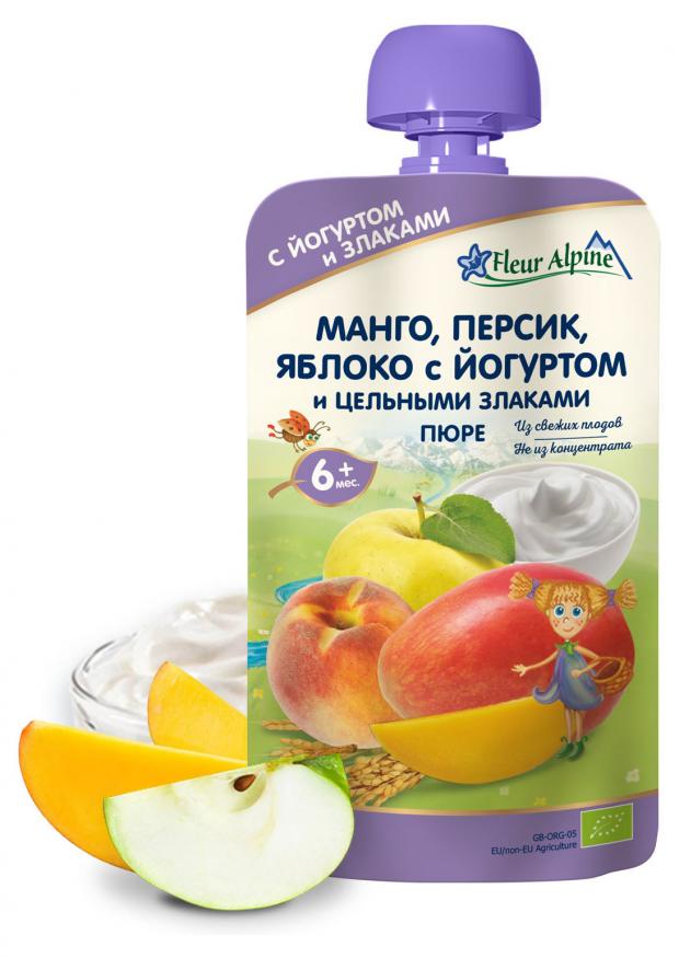 

Пюре детское Fleur Alpine манго, персик, яблоко с йогуртом и цельными злаками, с 6 месяцев, 120 г
