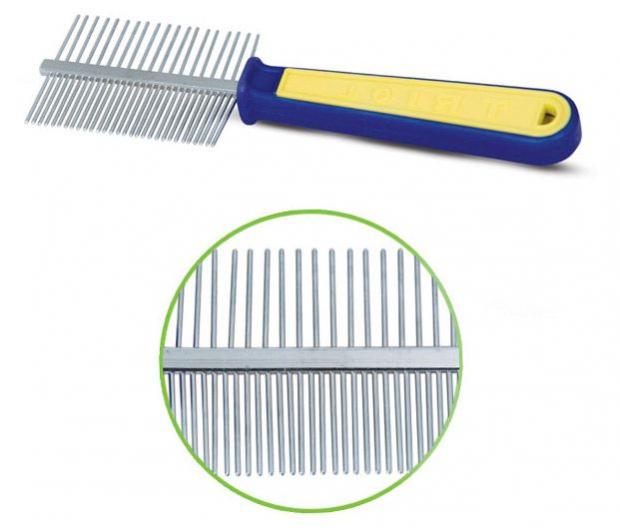 

Расческа для собак Triol двухсторонняя с сине-желтой пластиковой ручкой