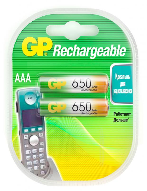 Батарейка аккумуляторная GP Rechargeable 650 мАч типоразмер AAA, 2 шт aaa аккумуляторная батарейка зарядное устройство gp 75aaahc cpbr 2cr4 4 шт 750мaч