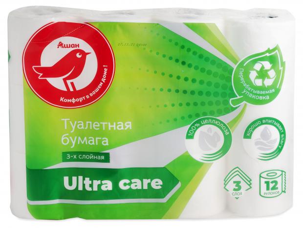 Туалетная бумага АШАН Красная птица белая, 3 слоя, 12 рулонов