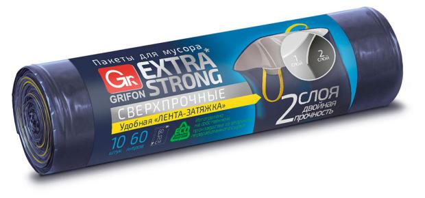

Пакеты для мусора Grifon Extra Strong с завязками двухслойные, 10х60 л