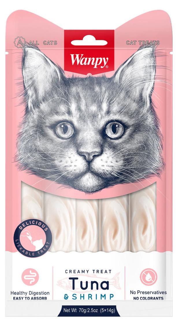 

Лакомство для кошек Wanpy Cat нежное пюре из тунца и креветок, 70 г