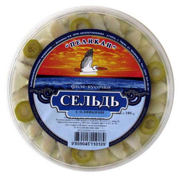 Сельдь филе-кусочки в масле Бухта Пеликанoff с оливками, 180 г
