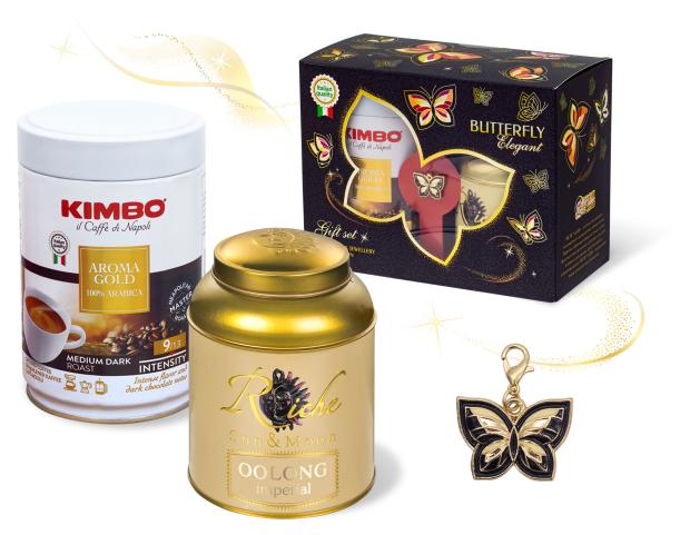 Подарочный набор Butterfly Elegant кофе Kimbo Gold + чай Оолонг + кулон, 350 г