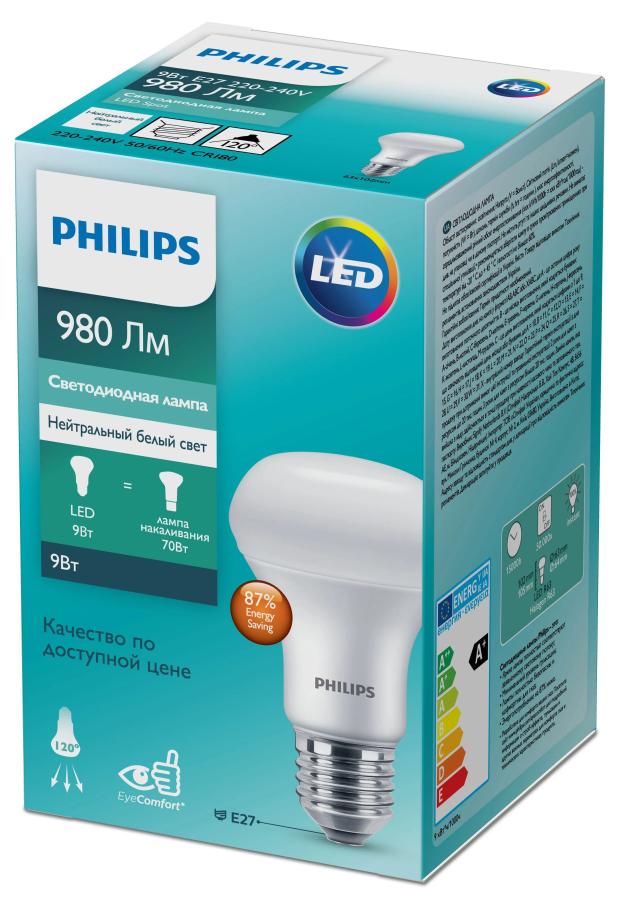 

Лампочка светодиодная Philips LED Е27 980 Лм нейтральный белый свет, 9 Вт