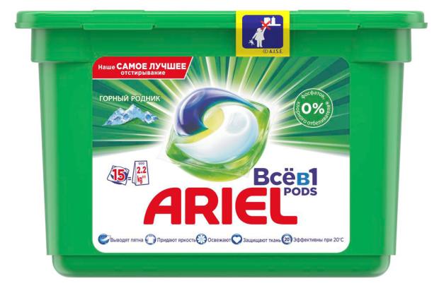 

Капсулы для стирки Ariel PODs Всё-в-1 Горный Pодник, 15 шт