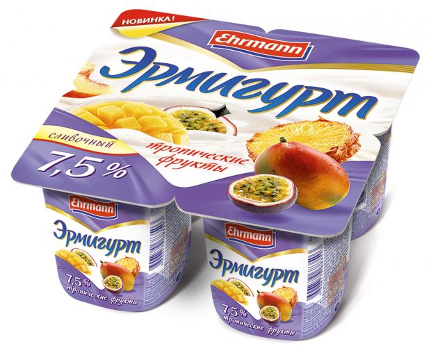 Йогурт сливочный Ehrmann Эрмигурт тропические фрукты 7,5 %, 100 г продукт йогуртный эрмигурт яблоко груша 7 5% 100 г