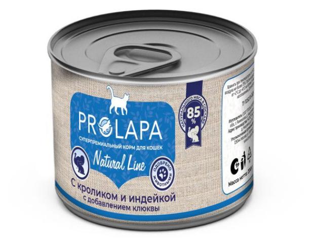 

Влажный корм для кошек Prolapa Natural Line с кроликом, индейкой и клюквой, 200 г