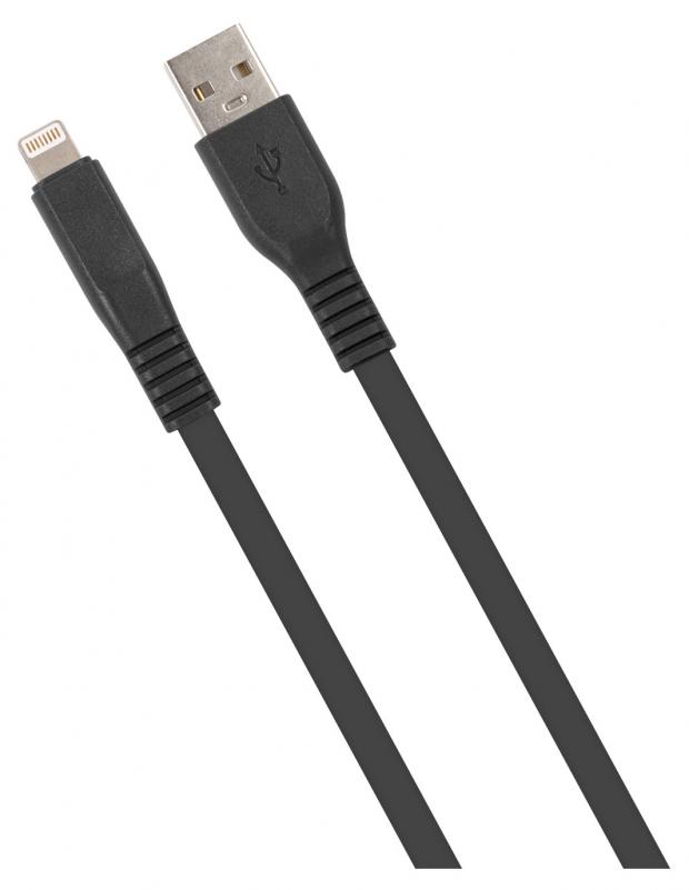 Дата-кабель mObility USB-LIGHTNING (8 PIN) 3А плоский черный, 2 м