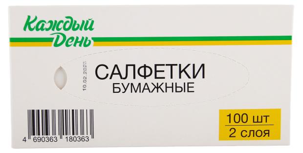 Салфетки бумажные Каждый день 2-слойные в боксе, 100 шт