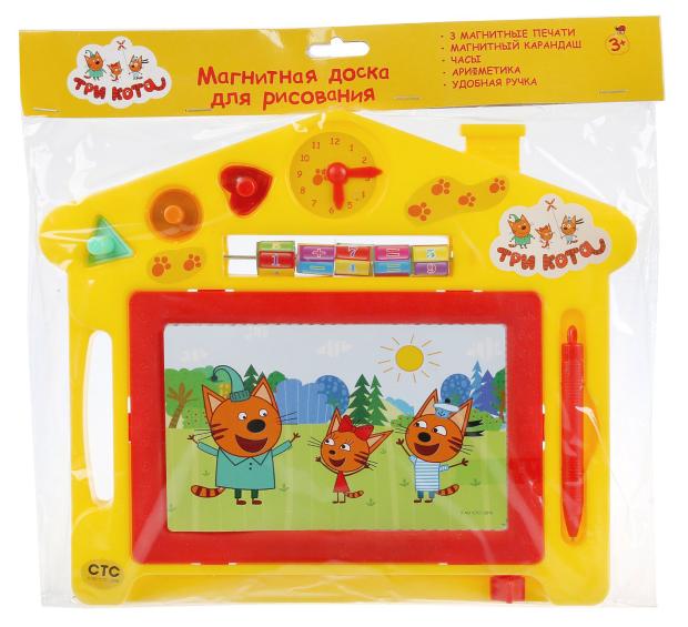 Доска для рисования Играем вместе Три кота магнитная, 3 штампа часы